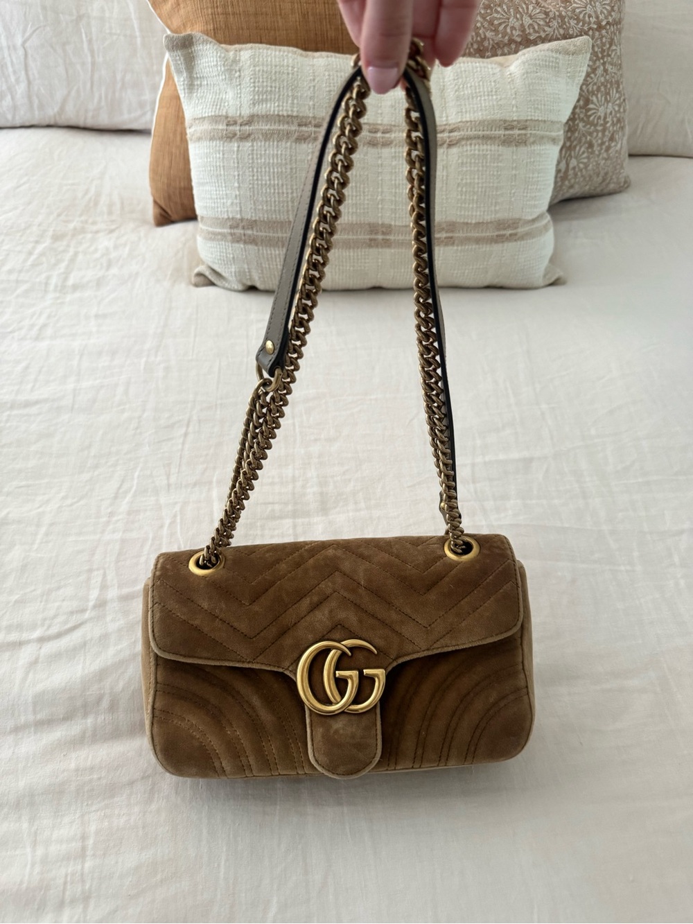 Gucci Brown Suede GG Marmont Shoulder Bag with Gold Hardware